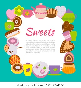 Banner with sweets and cups. Vector illustration of baking in a circle.