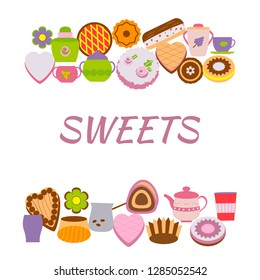 Banner with sweets over white. Vector illustration of baking and cups.