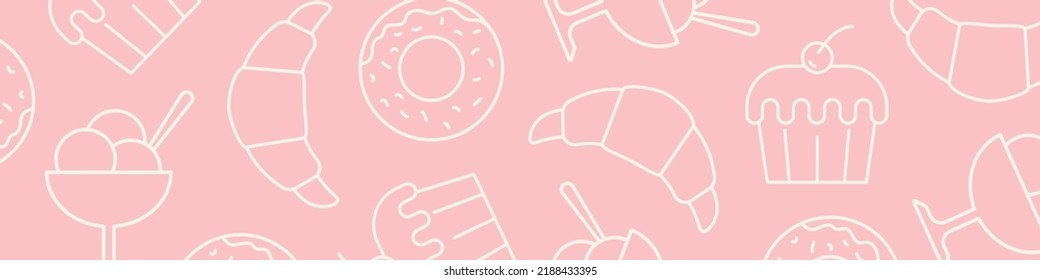banner with sweet's pattern, cup of ice cream, croissant, muffin and donat icon - vector illustration
