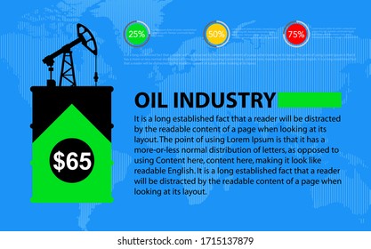 Banner with a swinging machine for oil production on a barrel and an up arrow. The concept of increasing, rising cost per barrel. Template with place for text and infographic elements 