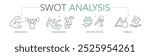 Banner of swot analysis concept. Strengths, Weaknesses, Opportunities and Threats. Keywords and editable thin line vector icons two-tone