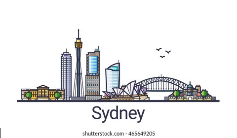 Banner of Sydney city skyline in flat line trendy style. Sydney city line art. All buildings separated and customizable.