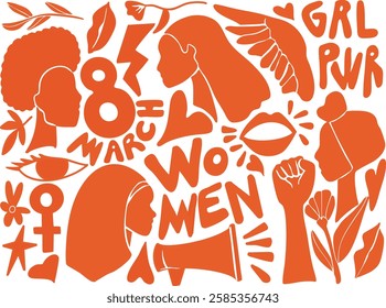 Banner symbol woman march 8 mouth heart loudspeaker raised fist red vector