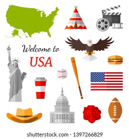 Banner with the symbols of the USA and the inscription. Welcome to USA. Vector illustration on the theme of travel in flat style.