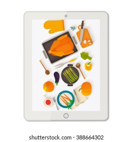 Banner with tablet making food photo. Concept for culinary blog, cooking web sites and newsletters. Modern trend taking pictures of food in restaurants.  Flat design vector illustration. 