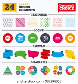 Banner tags, stickers and chart graph. Most popular star icon. Most viewed symbols. Clients or customers choice signs. Linear patterns and textures.
