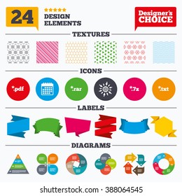 Banner tags, stickers and chart graph. Document icons. File extensions symbols. PDF, RAR, 7z and TXT signs. Linear patterns and textures.