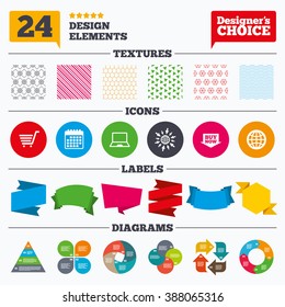 Banner tags, stickers and chart graph. Online shopping icons. Notebook pc, shopping cart, buy now arrow and internet signs. WWW globe symbol. Linear patterns and textures.