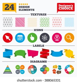 Banner tags, stickers and chart graph. Mouse cursor and hand pointer icons. Hourglass and magnifier glass navigation sign symbols. Linear patterns and textures.