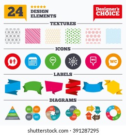 Banner tags, stickers and chart graph. WC Toilet pointer icons. Gents and ladies room signs. Man and woman speech bubble symbols. Linear patterns and textures.
