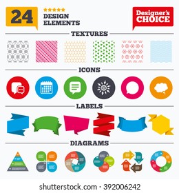 Banner tags, stickers and chart graph. Chat icons. Comic speech bubble signs. Communication think symbol. Linear patterns and textures.