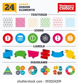 Banner tags, stickers and chart graph. Attention icons. Exclamation speech bubble symbols. Caution signs. Linear patterns and textures.