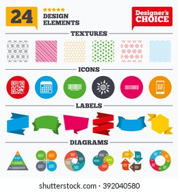 Banner tags, stickers and chart graph. Bar and Qr code icons. Scan barcode in smartphone symbols. Linear patterns and textures.