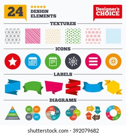 Banner tags, stickers and chart graph. Star favorite and menu list icons. Notepad and cogwheel gear sign symbols. Linear patterns and textures.
