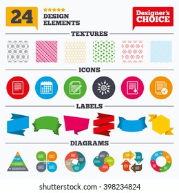 Banner tags, stickers and chart graph. File document icons. Download file symbol. Edit content with pencil sign. Select file with checkbox. Linear patterns and textures.