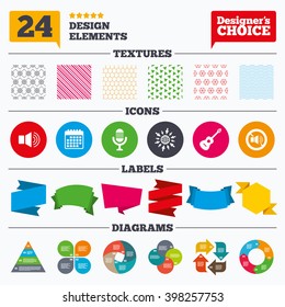 Banner tags, stickers and chart graph. Musical elements icons. Microphone and Sound speaker symbols. No Sound and acoustic guitar signs. Linear patterns and textures.
