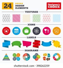 Banner tags, stickers and chart graph. Chief hat with heart and cooking pan icons. Crosswise fork and knife signs. Boil or stew food symbol. Linear patterns and textures.