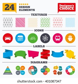 Banner tags, stickers and chart graph. Transport icons. Car, Bicycle, Public bus and Ship signs. Shipping delivery symbol. Family vehicle sign. Linear patterns and textures.