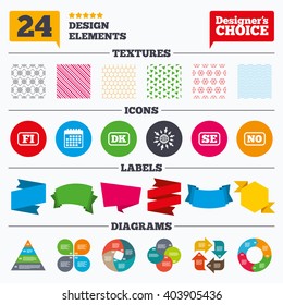 Banner tags, stickers and chart graph. Language icons. FI, DK, SE and NO translation symbols. Finland, Denmark, Sweden and Norwegian languages. Linear patterns and textures.