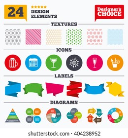 Banner tags, stickers and chart graph. Alcoholic drinks icons. Champagne sparkling wine and beer symbols. Wine glass and cocktail signs. Linear patterns and textures.