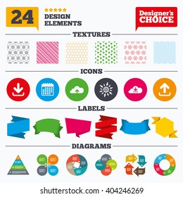 Banner tags, stickers and chart graph. Download now icon. Upload from cloud symbols. Receive data from a remote storage signs. Linear patterns and textures.