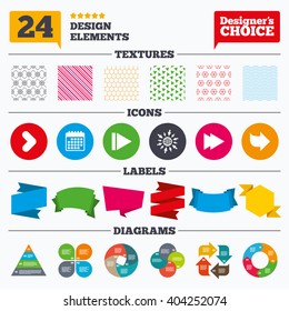Banner tags, stickers and chart graph. Arrow icons. Next navigation arrowhead signs. Direction symbols. Linear patterns and textures.