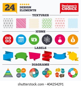 Banner tags, stickers and chart graph. Currency exchange icon. Cash money bag and wallet with coins signs. Dollar, euro, pound, yen symbols. Linear patterns and textures.