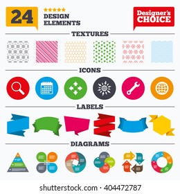 Banner tags, stickers and chart graph. Magnifier glass and globe search icons. Fullscreen arrows and wrench key repair sign symbols. Linear patterns and textures.