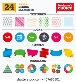 Banner tags, stickers and chart graph. Document icons. File extensions symbols. PDF, GIF, CSV and PPT presentation signs. Linear patterns and textures.