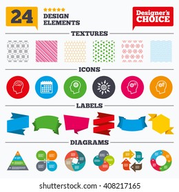 Banner tags, stickers and chart graph. Head with brain icon. Male human think symbols. Cogwheel gears signs. Linear patterns and textures.