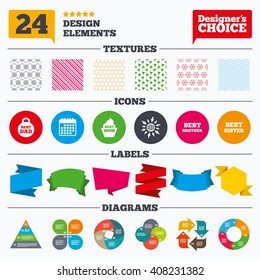 Banner tags, stickers and chart graph. Best mom and dad, brother and sister icons. Weight and cupcake signs. Award symbols. Linear patterns and textures.
