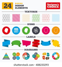 Banner tags, stickers and chart graph. Head icons. Male and female human sign symbols. Linear patterns and textures.