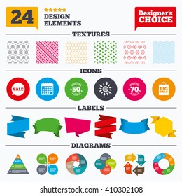 Banner tags, stickers and chart graph. Sale speech bubble icon. 50% and 70% percent discount symbols. Big sale shopping bag sign. Linear patterns and textures.
