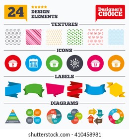 Banner tags, stickers and chart graph. Cooking pan icons. Boil 9, 10, 11 and 12 minutes signs. Stew food symbol. Linear patterns and textures.
