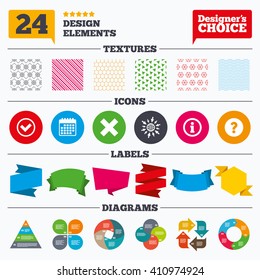 Banner tags, stickers and chart graph. Information icons. Delete and question FAQ mark signs. Approved check mark symbol. Linear patterns and textures.