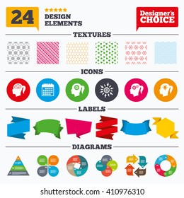 Banner tags, stickers and chart graph. Head with brain and idea lamp bulb icons. Female woman think symbols. Cogwheel gears signs. Linear patterns and textures.