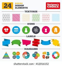 Banner tags, stickers and chart graph. Clothes icons. T-shirt with business tie and pants signs. Women dress symbol. Linear patterns and textures.