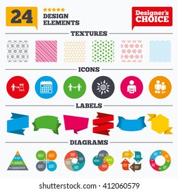 Banner tags, stickers and chart graph. Gamer icons. Board and PC games players signs. Player vs PC symbol. Linear patterns and textures.