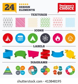 Banner tags, stickers and chart graph. Tourist camping tent icons. Fire flame sign symbols. Linear patterns and textures.