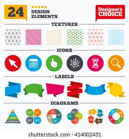 Banner tags, stickers and chart graph. Mouse cursor and hand pointer icons. Hourglass and magnifier glass navigation sign symbols. Linear patterns and textures.