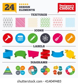 Banner tags, stickers and chart graph. Screwdriver and wrench key tool icons. Bubble level and hammer sign symbols. Linear patterns and textures.