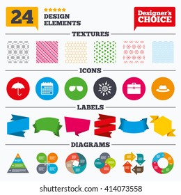 Banner tags, stickers and chart graph. Clothing accessories icons. Umbrella and sunglasses signs. Headdress hat with business case symbols. Linear patterns and textures.