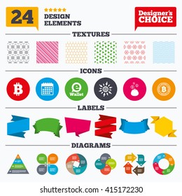 Banner tags, stickers and chart graph. Bitcoin icons. Electronic wallet sign. Cash money symbol. Linear patterns and textures.
