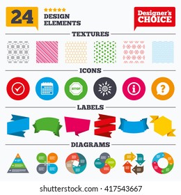 Banner tags, stickers and chart graph. Information icons. Stop prohibition and question FAQ mark speech bubble signs. Approved check mark symbol. Linear patterns and textures.