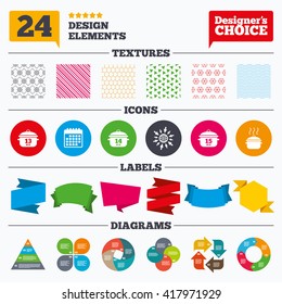 Banner tags, stickers and chart graph. Cooking pan icons. Boil 13, 14 and 15 minutes signs. Stew food symbol. Linear patterns and textures.