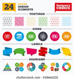 Banner tags, stickers and chart graph. Language icons. IT, ES, FR and GB translation symbols. Italy, Spain, France and England languages. Linear patterns and textures.