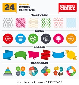 Banner tags, stickers and chart graph. Crosshair icons. Target aim signs symbols. Weapon gun sights for shooting range. Linear patterns and textures.