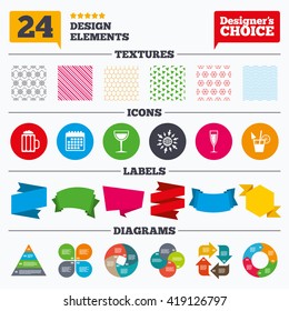 Banner tags, stickers and chart graph. Alcoholic drinks icons. Champagne sparkling wine with bubbles and beer symbols. Wine glass and cocktail signs. Linear patterns and textures.