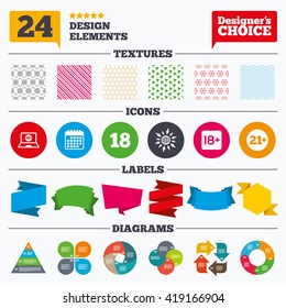 Banner tags, stickers and chart graph. Adult content icons. Eighteen and twenty-one plus years sign symbols. Notebook website notice. Linear patterns and textures.