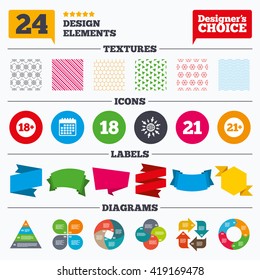 Banner tags, stickers and chart graph. Adult content icons. Eighteen and twenty-one plus years sign symbols. Linear patterns and textures.